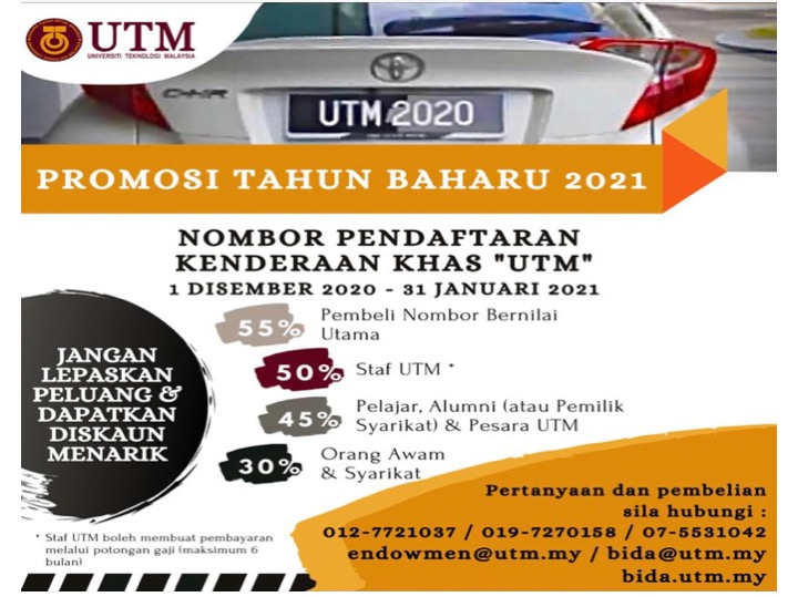 PROMOSI TAHUN BAHARU 2021 – NOMBOR PENDAFTARAN KENDERAAN  KHAS “UTM”