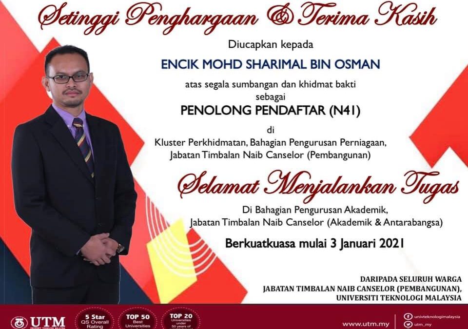 Setinggi Penghargaan Dan Terima Kasih Encik Mohd Sharimal Bin Osman