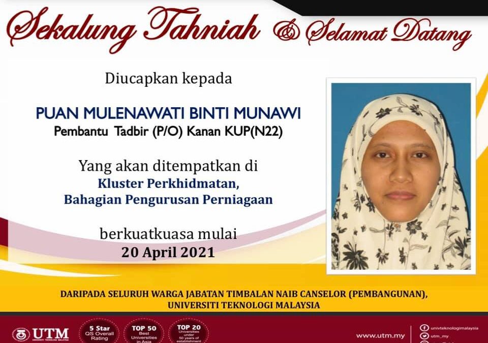 Sekalung Tahniah dan Selamat Datang Puan Mulenawati Binti Munawi